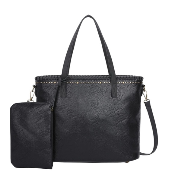 Boho Carrie Black Shoulder bag with studs Women's Tote Bag with Pouch - Picture 7 of 7